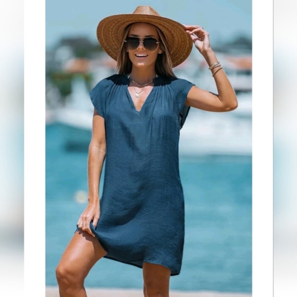 Cupshe Blue Relaxed Tunic Swim Coverup Sz Medium NEW